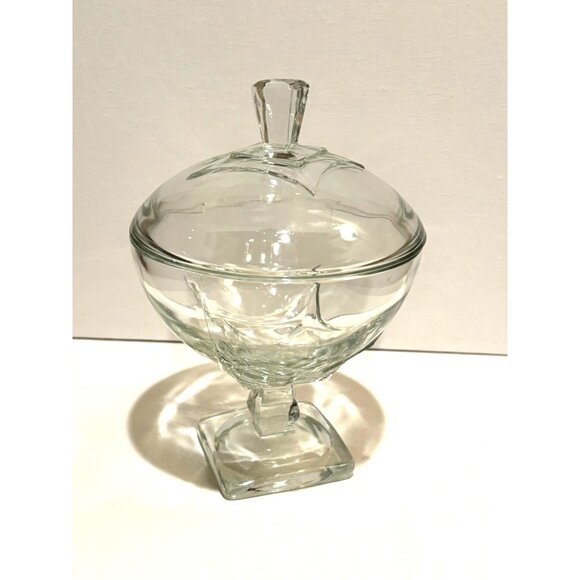 Vintage EAPG Clear Glass Covered Compote Square‎ Base Diamond - Picture 1 of 6